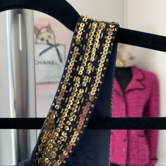 BETSEY & ADAM Open Back Cut Out Dress Blue Gold Size 2 - Picture 7 of 15